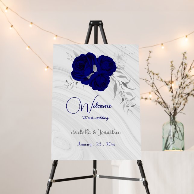 elegant royal blue silver floral welcome sign (In Situ (Stand))