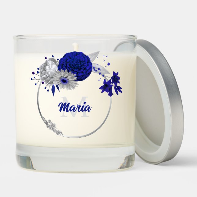 elegant royal blue & silver flowers  scented candle (Lid)