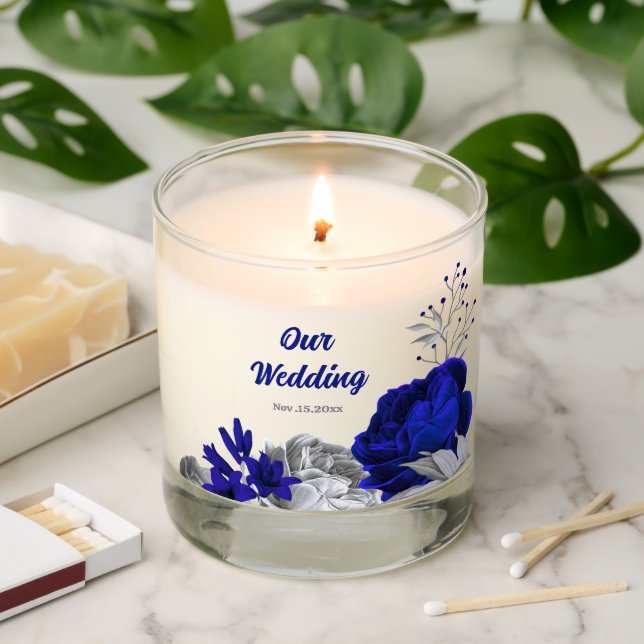 elegant royal blue & silver flowers  scented candle (Lit)