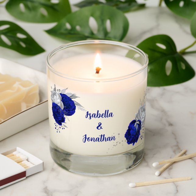 elegant royal blue & silver flowers  scented candle (Lit)