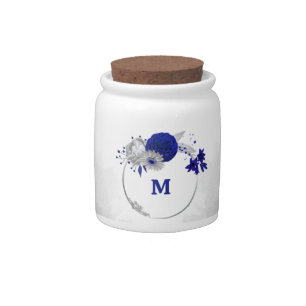 elegant royal blue silver flowers wedding candy jar