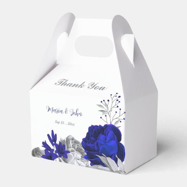 elegant royal blue silver flowers wedding favor boxes (Front Side)