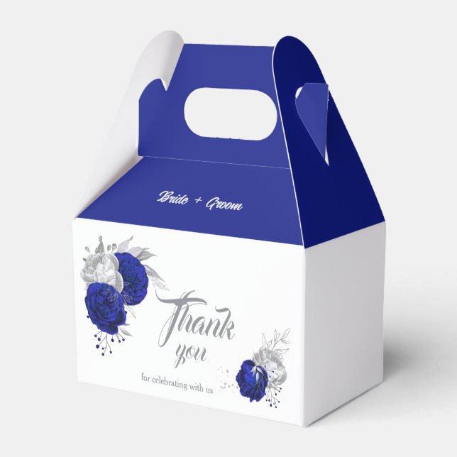 elegant royal blue silver flowers wedding favor boxes (Front Side)