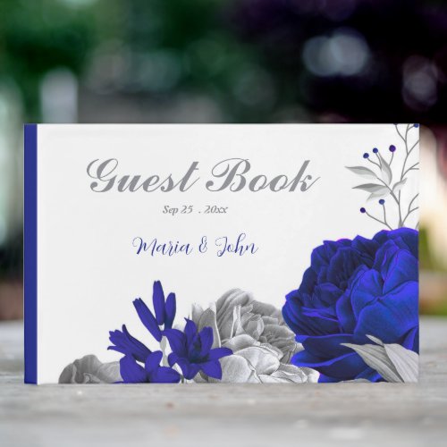 elegant royal blue silver flowers wedding guest book