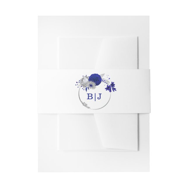 elegant royal blue silver flowers wedding invitation belly band (Front Example)