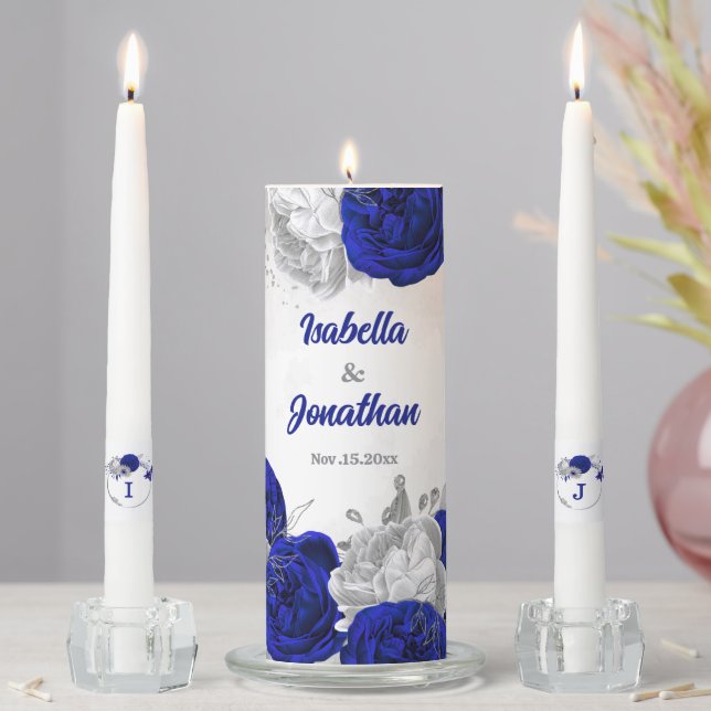 elegant royal blue & silver flowers wedding unity candle set (In Situ)