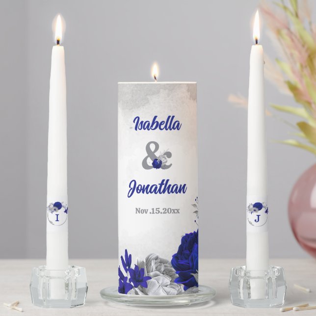 elegant royal blue & silver flowers wedding unity candle set (In Situ)