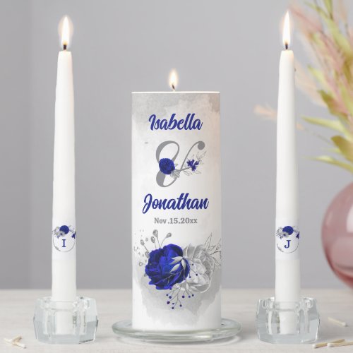 elegant royal blue  silver flowers wedding unity candle set