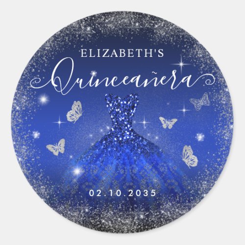 Elegant Royal Blue Silver Glitter Gown Quinceaera Classic Round Sticker