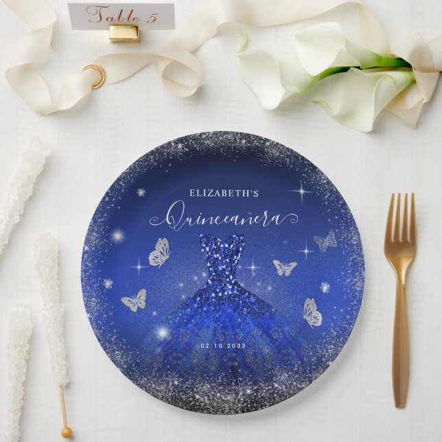 Elegant Royal Blue Silver Glitter Gown Quinceañera Paper Plates (Wedding)