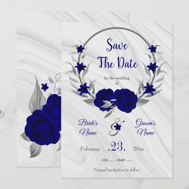 elegant royal blue silver gray floral save the dat date (Front/Back)