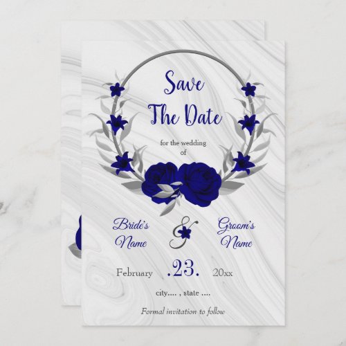 elegant royal blue silver gray floral save the dat save the date