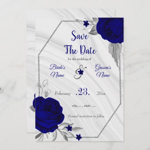 elegant royal blue silver gray floral save the date