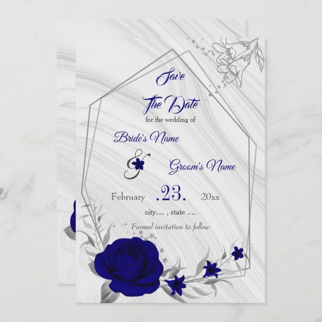 elegant royal blue silver gray geometric save the date (Front/Back)