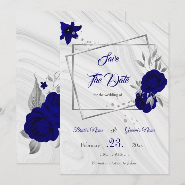 elegant royal blue silver gray geometric save the  date (Front/Back)