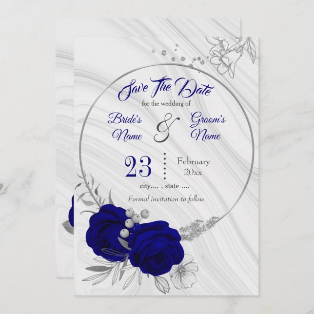 elegant royal blue silver gray  save the date (Front/Back)