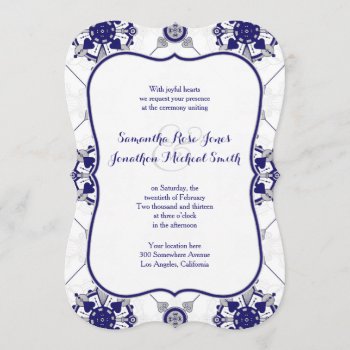 Elegant Royal Blue Silver Medallion Print Wedding Invitation by prettypicture at Zazzle