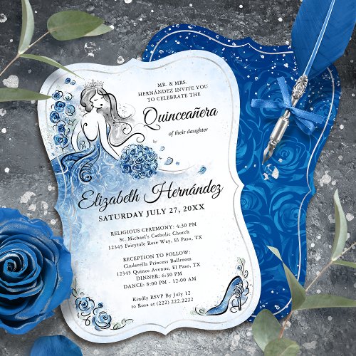Elegant Royal Blue Silver Princess Quince Birthday Invitation