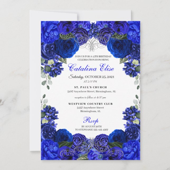 Elegant Royal Blue Silver Quinceanera Birthday Inv Invitation (Back)