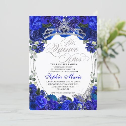 Elegant Royal Blue Silver Quinceanera Birthday  Invitation