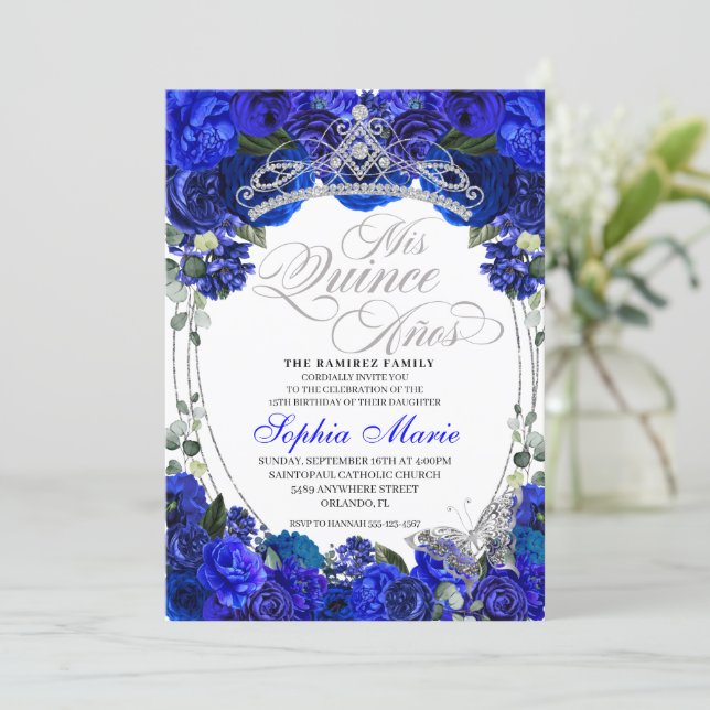 Elegant Royal Blue Silver Quinceanera Birthday  Invitation (Standing Front)