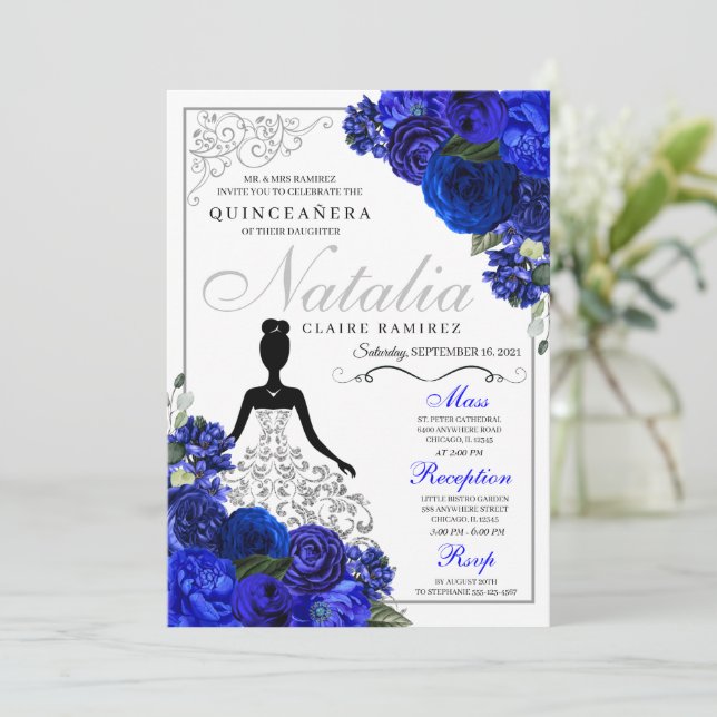 Elegant Royal Blue Silver Quinceanera Birthday  Invitation (Standing Front)