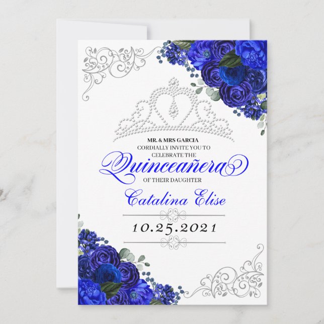 Elegant Royal Blue Silver Quinceanera Birthday Invitation (Front)