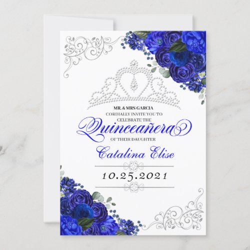 Elegant Royal Blue Silver Quinceanera Birthday Invitation