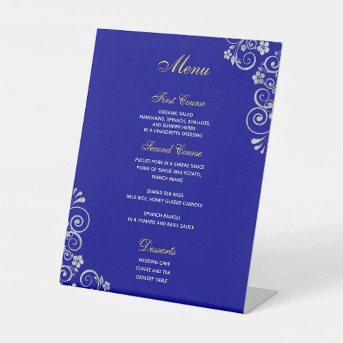 Elegant Royal Blue Silver  Script Wedding Menu Pedestal Sign