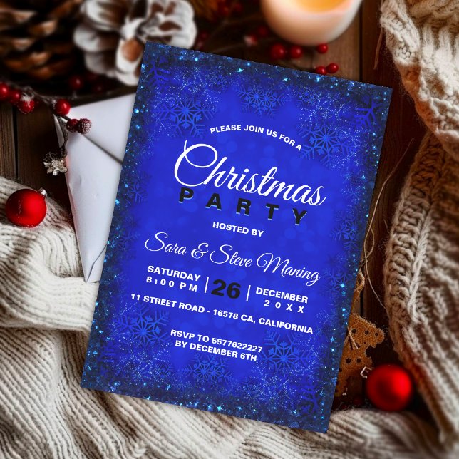 Elegant royal blue snowflakes Christmas party  Invitation (Creator Uploaded)