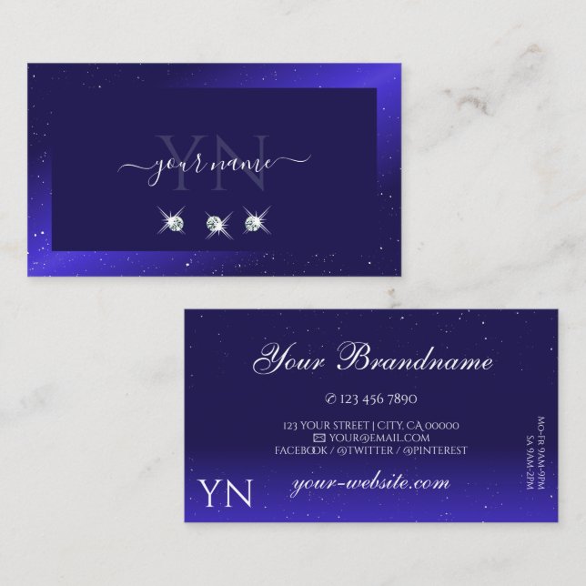 Elegant Royal Blue Sparkling Diamonds and Initials Business Card (Front/Back)