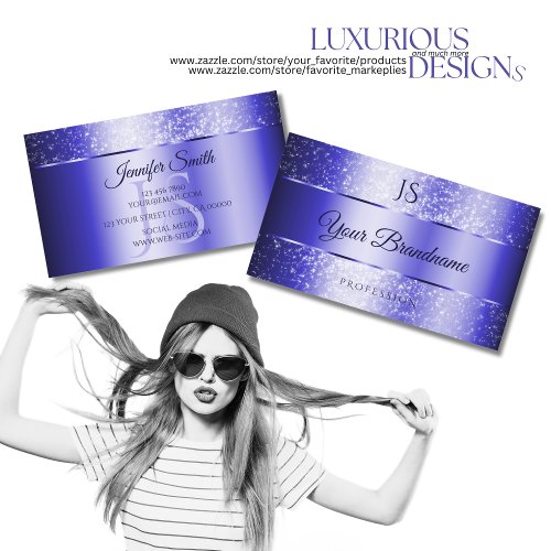 Elegant Royal Blue Sparkling Glitter and Monogram Business Card