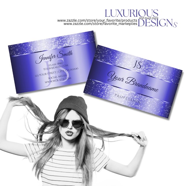 Elegant Royal Blue Sparkling Glitter and Monogram Business Card (Creator Uploaded)