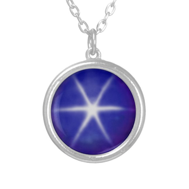Elegant royal blue star sapphire photo silver plated necklace (Front)