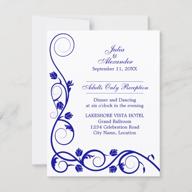 Elegant Royal Blue Swirls Reception Invitation (Front)