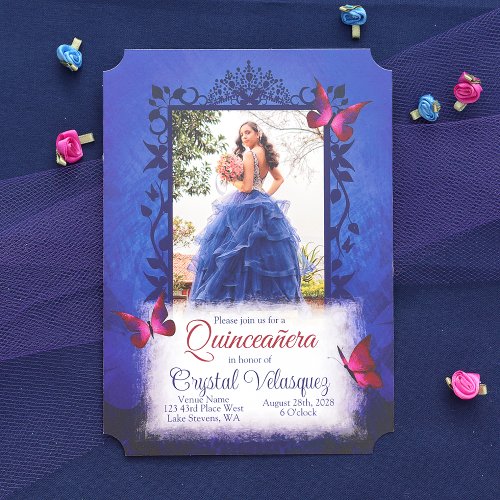 Elegant Royal Blue w Red Butterflies Quinceanera Invitation