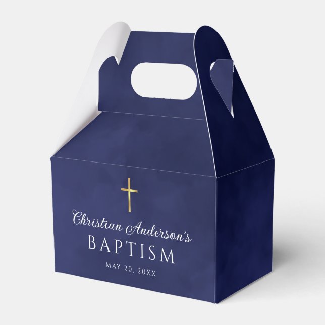 Elegant Royal Blue Watercolor Baptism Boy  Favor Boxes (Front Side)