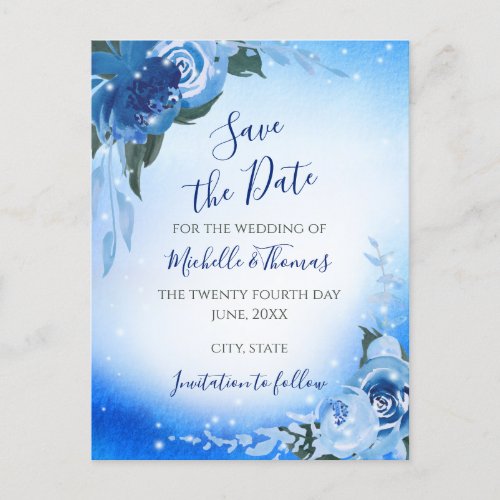 Elegant Royal Blue Watercolor Floral Greenery Announcement Postcard