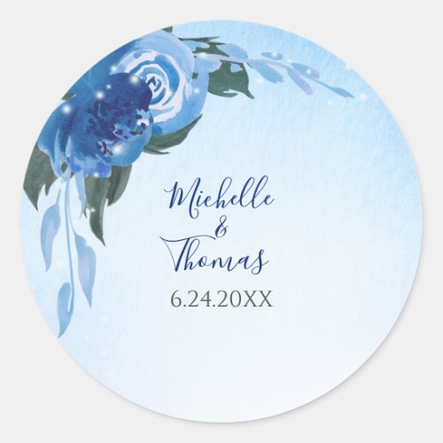 Elegant Royal Blue Watercolor Floral Greenery Classic Round Sticker