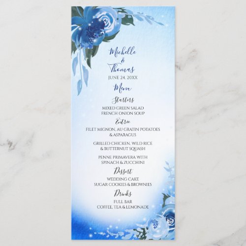 Elegant Royal Blue Watercolor Floral Greenery Menu