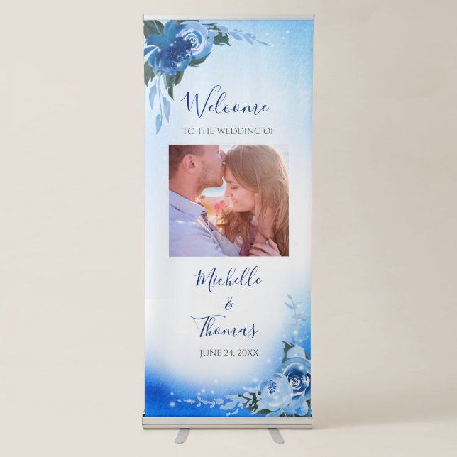Elegant Royal Blue Watercolor Floral Greenery Retractable Banner (Front)