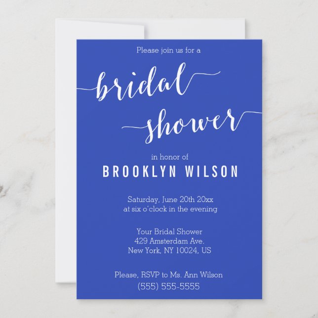 Elegant Royal Blue White Bridal Shower Invitations (Front)