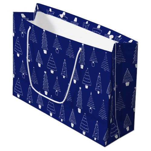 Elegant Royal Blue White Christmas Pine Tree Large Gift Bag