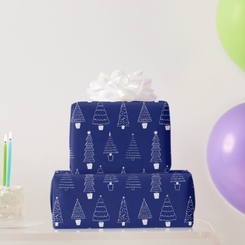 Elegant Royal Blue White Christmas Pine Tree Wrapping Paper