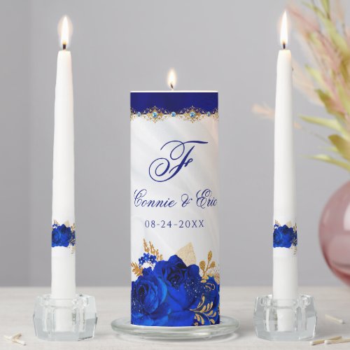 Elegant Royal Blue White Floral Monogram Wedding Unity Candle Set