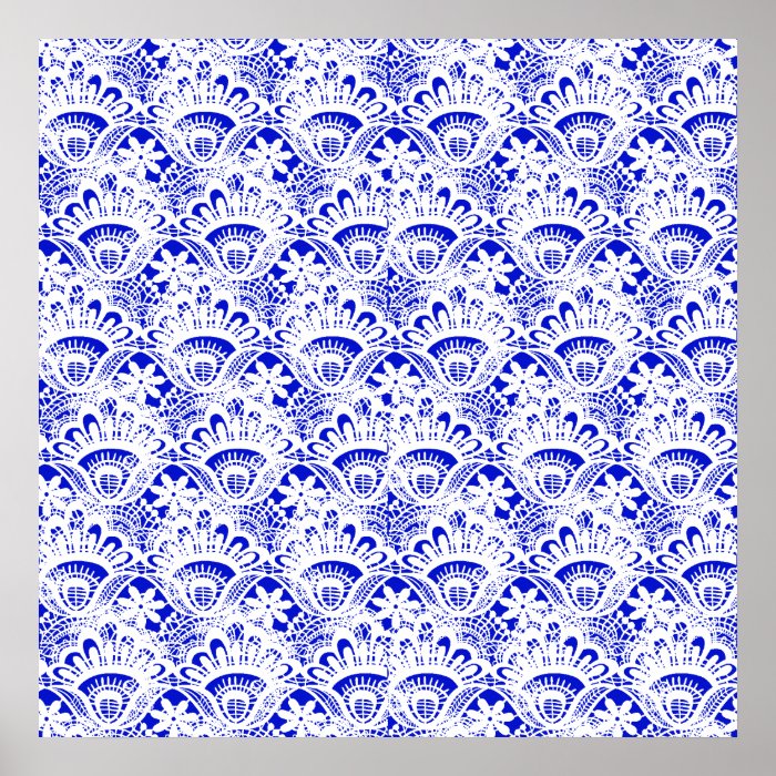 Elegant Royal Blue White Lace Damask Pattern Posters