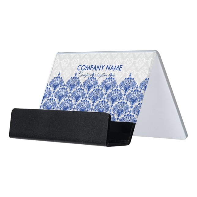 Elegant Royal Blue & White Lace Desk Business Card Holder (Angled Front)