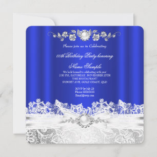 Elegant Royal Blue White Lace Jewel Bow Birthday Invitation