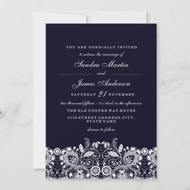 Elegant Royal Blue White Lace Wedding Invite (Front)
