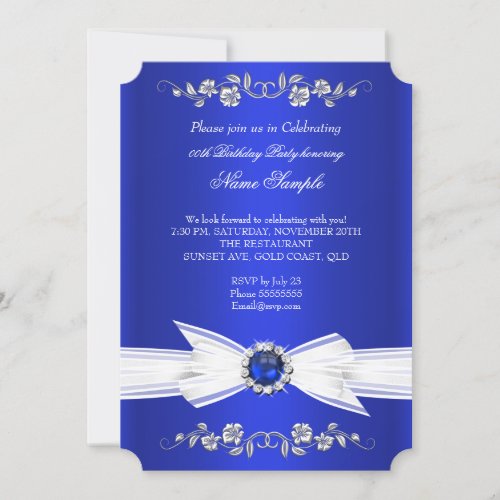 Elegant Royal Blue White Pearl Jewel Bow Birthday 5x7 Paper Invitation Card